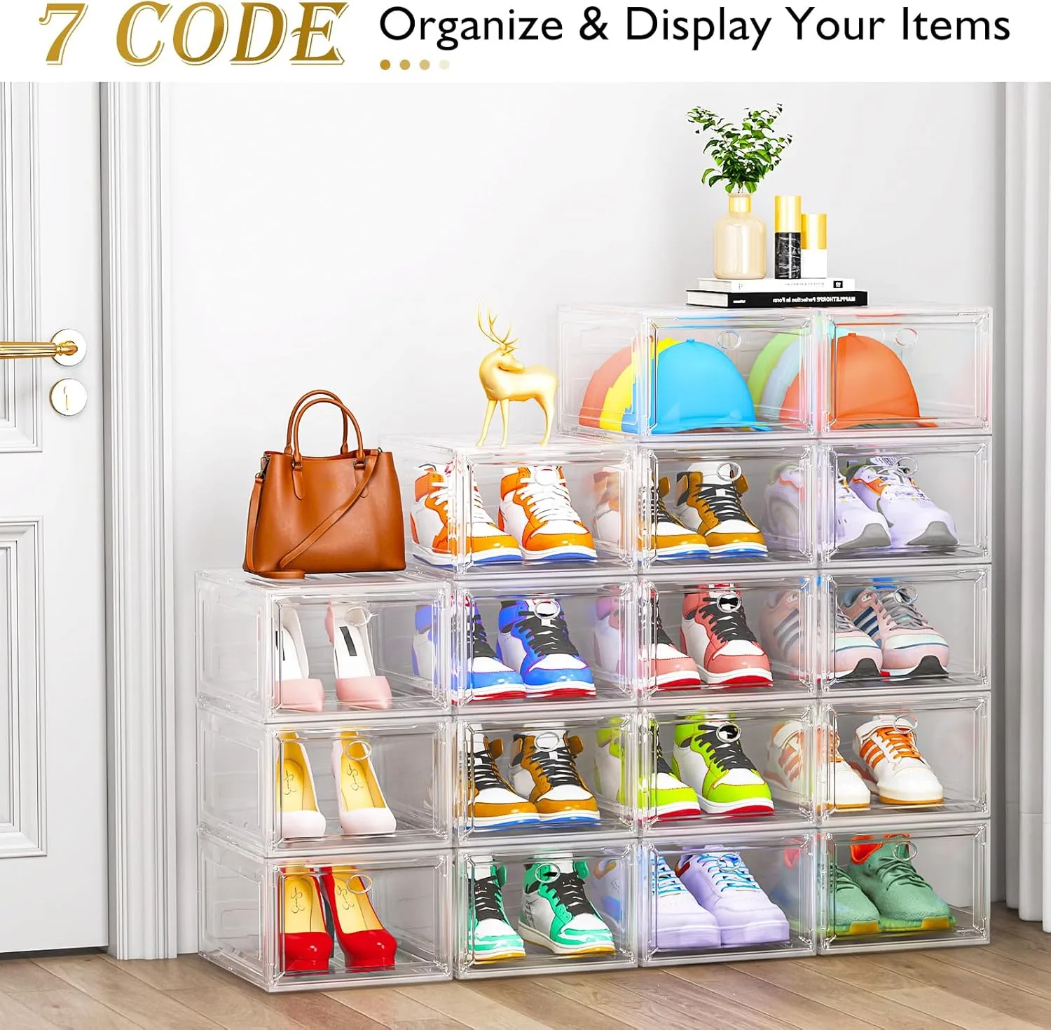 12 Pack Clear Shoe Storage Organizer with Magnetic Door, Stackable Plastic Shoe Boxes for Sneakers, Boots, and Heels, Space-Saving Foldable Shoe Rack for Closet, Durable Shoe Cabinet Organizer, White