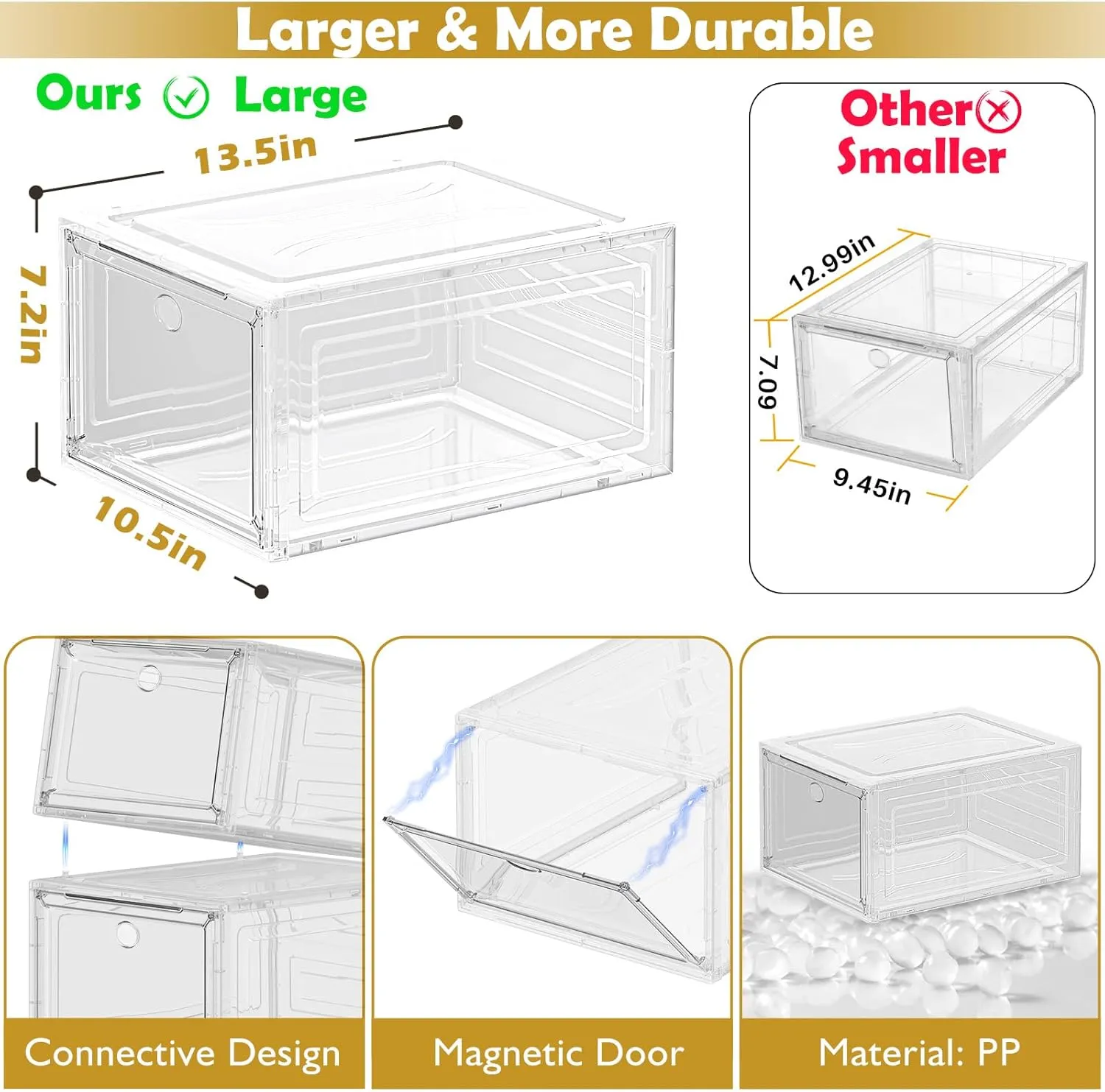 12 Pack Clear Shoe Storage Organizer with Magnetic Door, Stackable Plastic Shoe Boxes for Sneakers, Boots, and Heels, Space-Saving Foldable Shoe Rack for Closet, Durable Shoe Cabinet Organizer, White