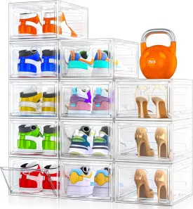 12 Pack Clear Shoe Storage Organizer with Magnetic Door, Stackable Plastic Shoe Boxes for Sneakers, Boots, and Heels, Space-Saving Foldable Shoe Rack for Closet, Durable Shoe Cabinet Organizer, White