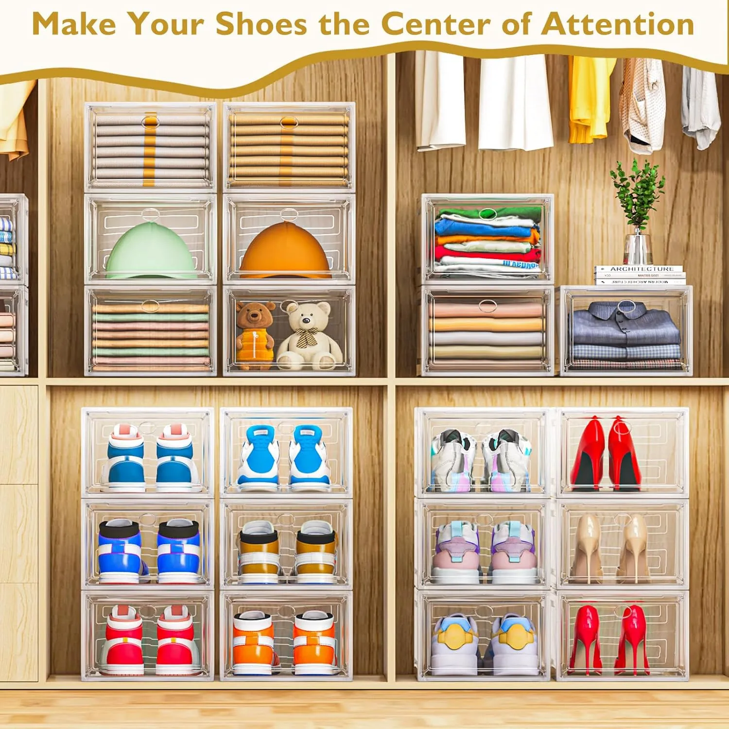12 Pack Clear Shoe Storage Organizer with Magnetic Door, Stackable Plastic Shoe Boxes for Sneakers, Boots, and Heels, Space-Saving Foldable Shoe Rack for Closet, Durable Shoe Cabinet Organizer, White