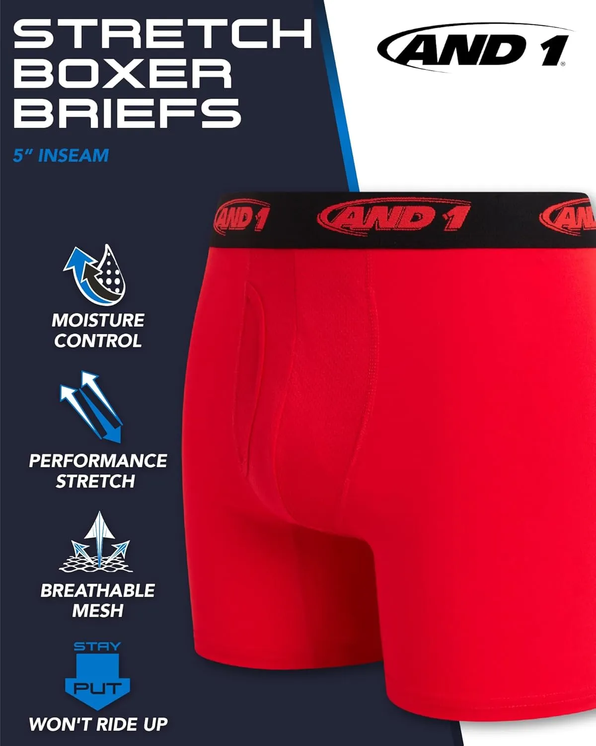 AND1 Mens Boxer Briefs - 6 Pack Stretch Performance Mens Underwear Boxers with Functional Fly Pouch (Sizes: S-3XL)