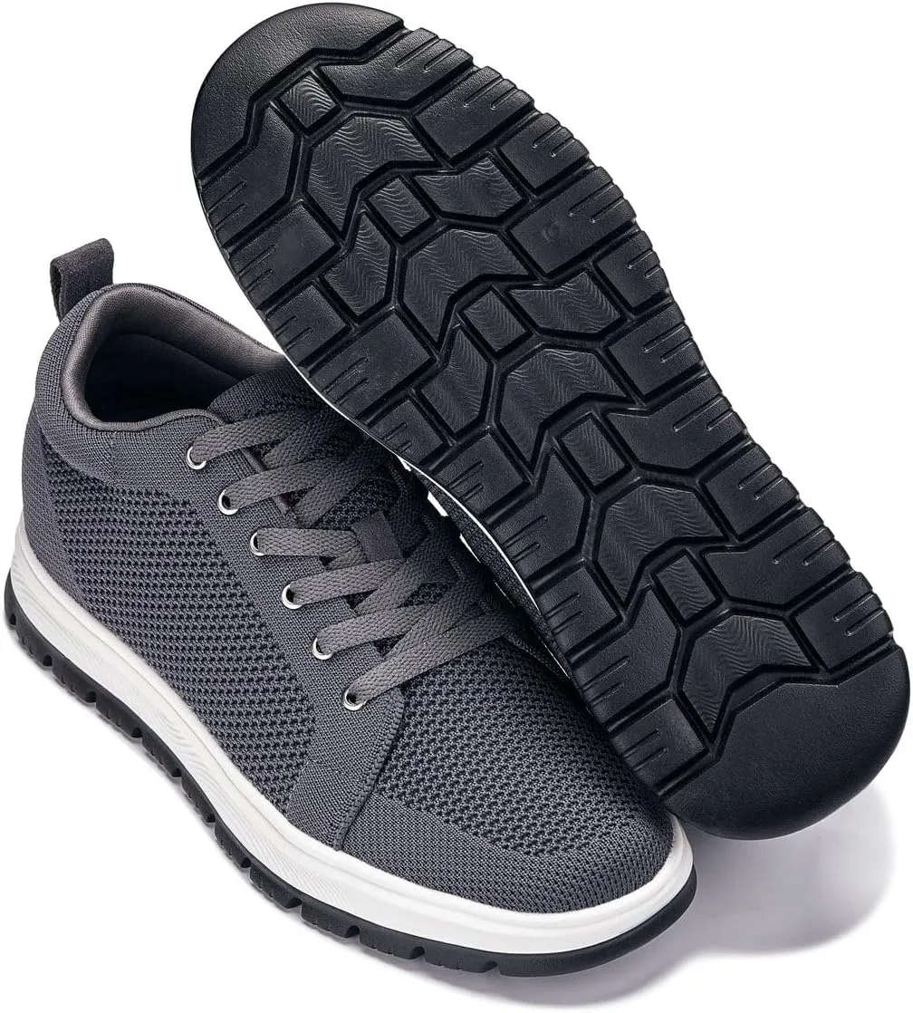 CALTO Men's Invisible Height Increasing Elevator Casual Shoes - Iron Grey/White & Black Sole Light-Weight Lace-up Knitted Casual Sporty Sneakers - 2.4 Inches Taller - X2323 - Size 8 D(M) US