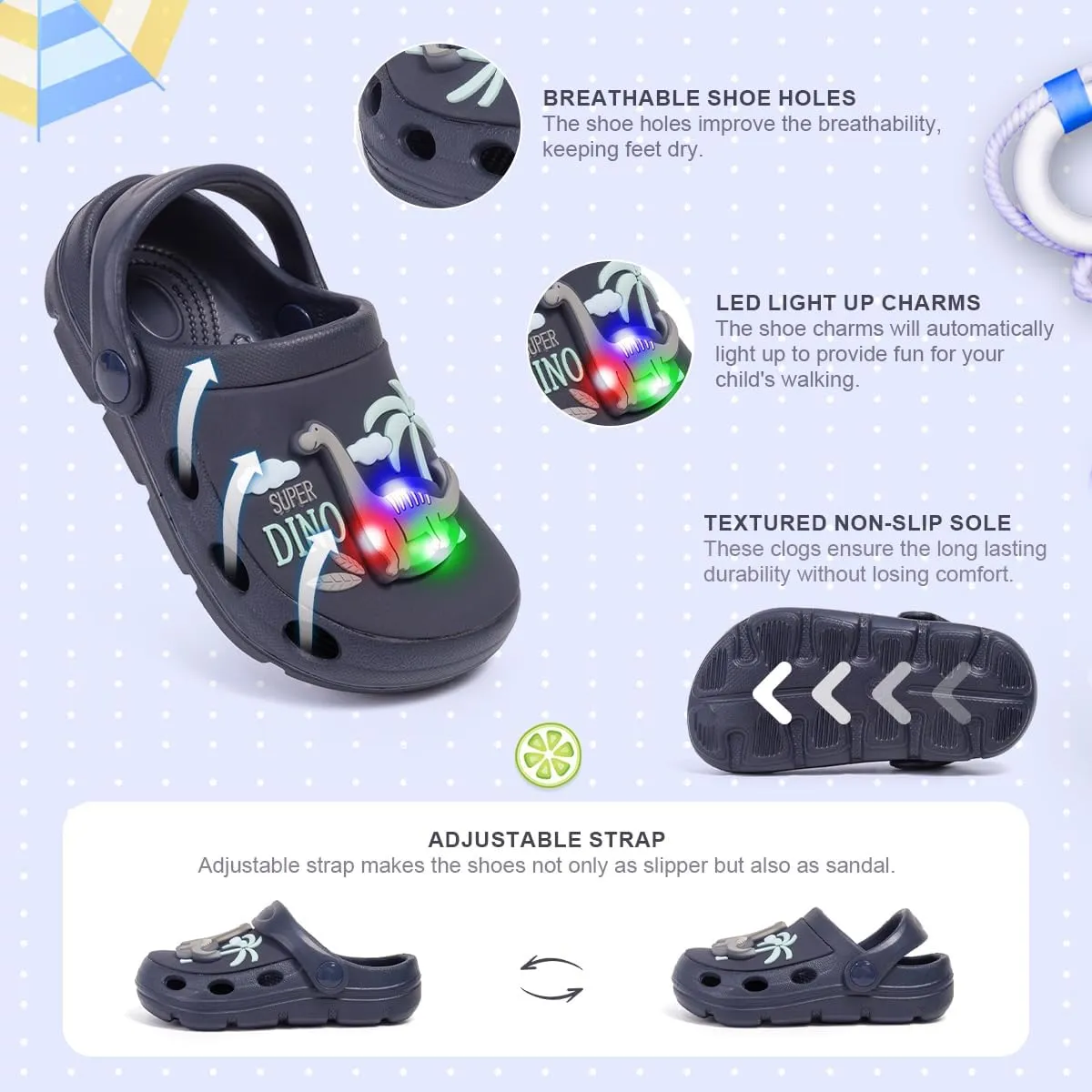 Casazoe Toddler Kids Boys Girls LED Garden Clogs EVA Summer Outdoor Light Up Slip On Shoes Cute Dinosaur Unicorn Water Sandals Lightweight Slipper Slides Beach Pool Play Shoes