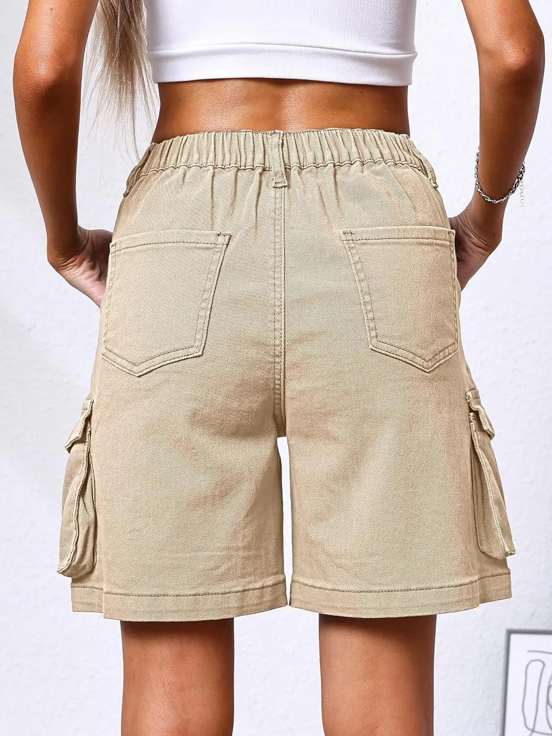 ELLEVEN Bermuda Cargo Shorts Women, Elastic High Waist 6 Pockets Shorts 7 Inch Inseam Summer Jorts for Women Casual