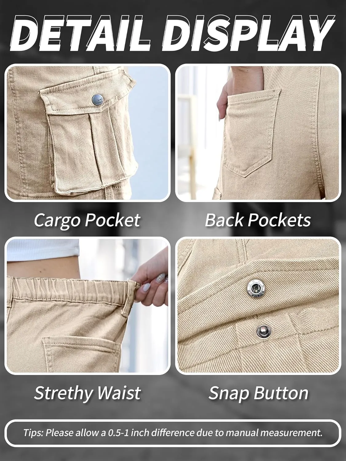 ELLEVEN Bermuda Cargo Shorts Women, Elastic High Waist 6 Pockets Shorts 7 Inch Inseam Summer Jorts for Women Casual