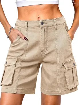ELLEVEN Bermuda Cargo Shorts Women, Elastic High Waist 6 Pockets Shorts 7 Inch Inseam Summer Jorts for Women Casual