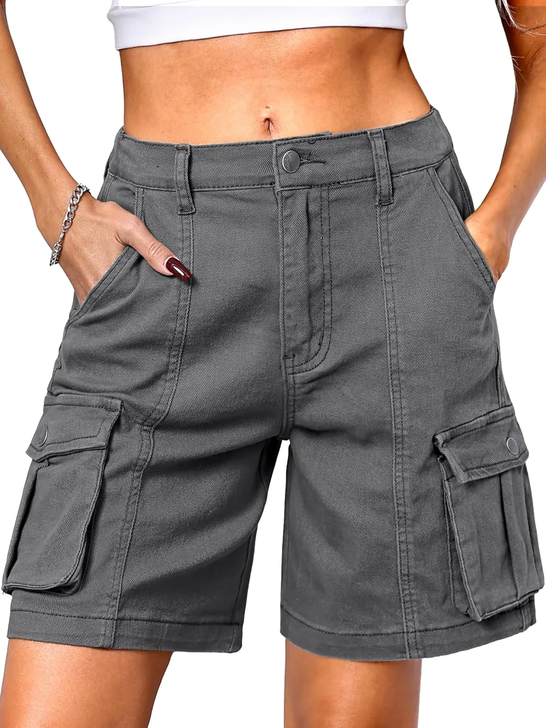 ELLEVEN Bermuda Cargo Shorts Women, Elastic High Waist 6 Pockets Shorts 7 Inch Inseam Summer Jorts for Women Casual