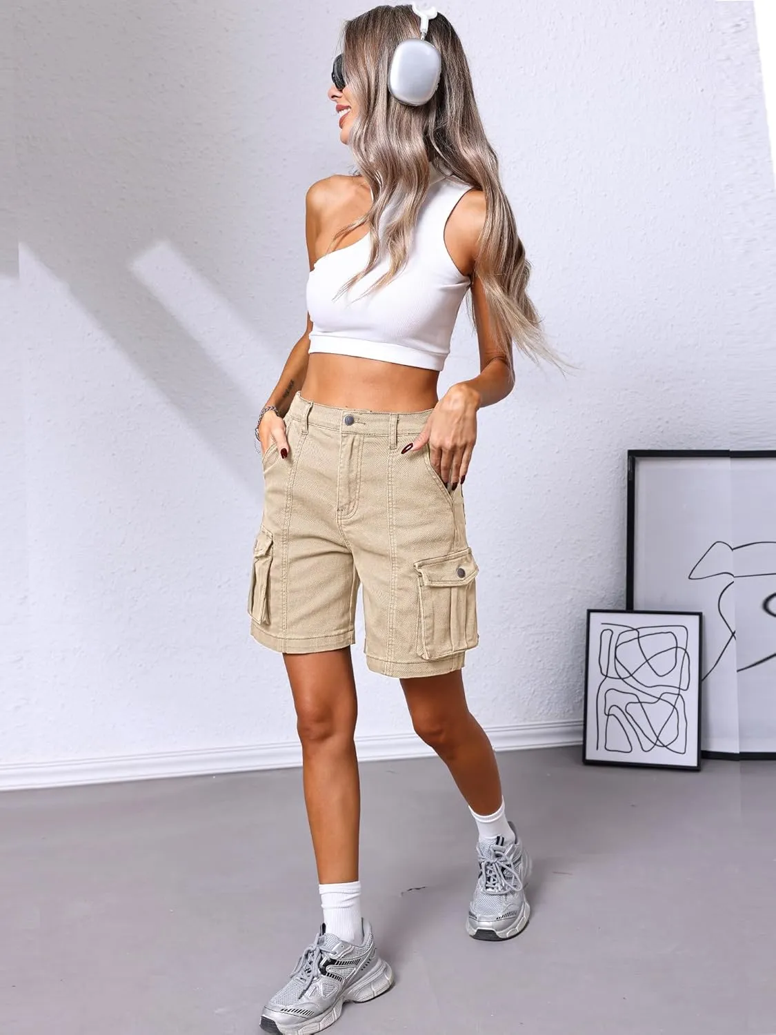 ELLEVEN Bermuda Cargo Shorts Women, Elastic High Waist 6 Pockets Shorts 7 Inch Inseam Summer Jorts for Women Casual