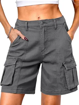 ELLEVEN Bermuda Cargo Shorts Women, Elastic High Waist 6 Pockets Shorts 7 Inch Inseam Summer Jorts for Women Casual