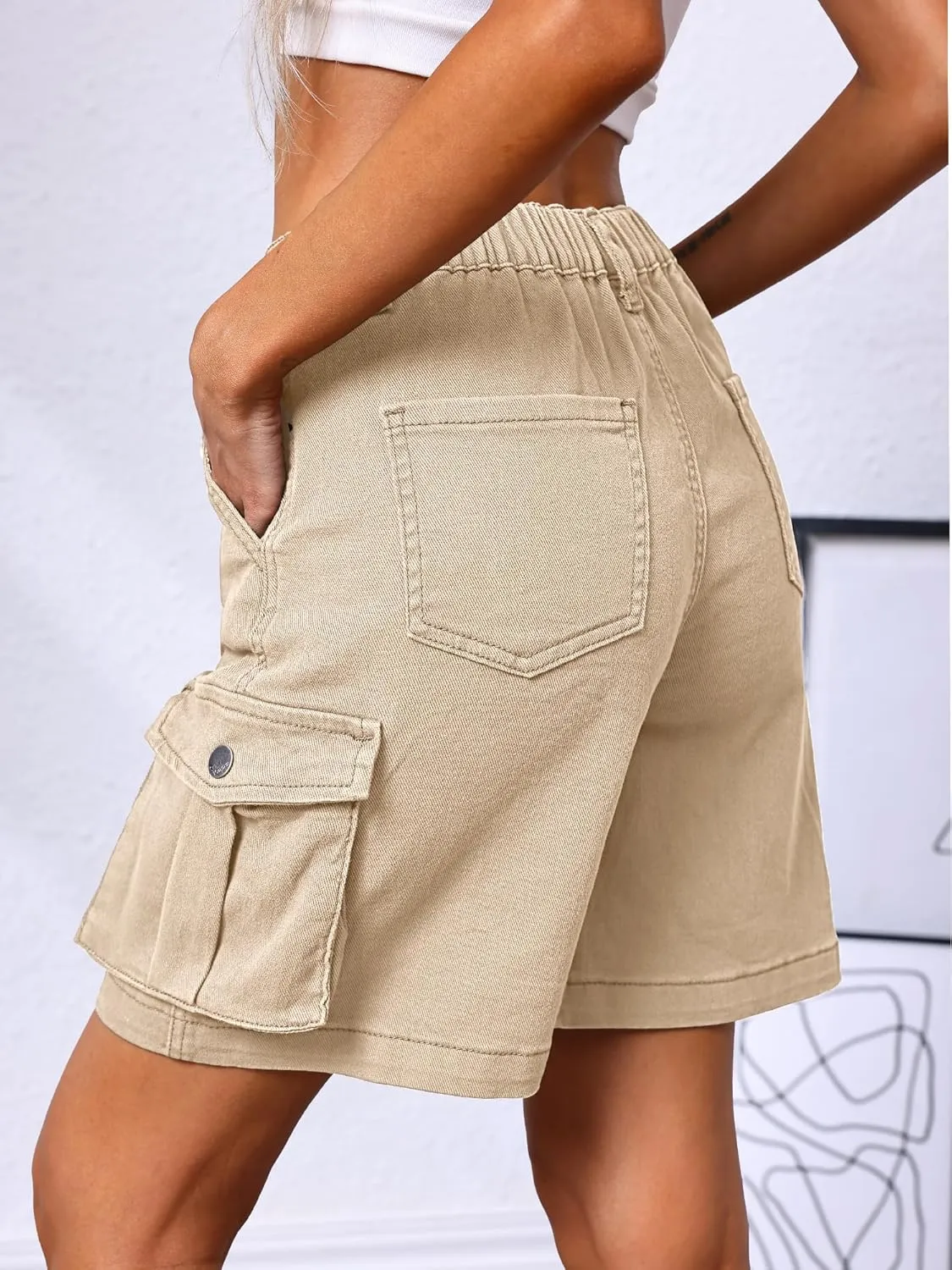 ELLEVEN Bermuda Cargo Shorts Women, Elastic High Waist 6 Pockets Shorts 7 Inch Inseam Summer Jorts for Women Casual