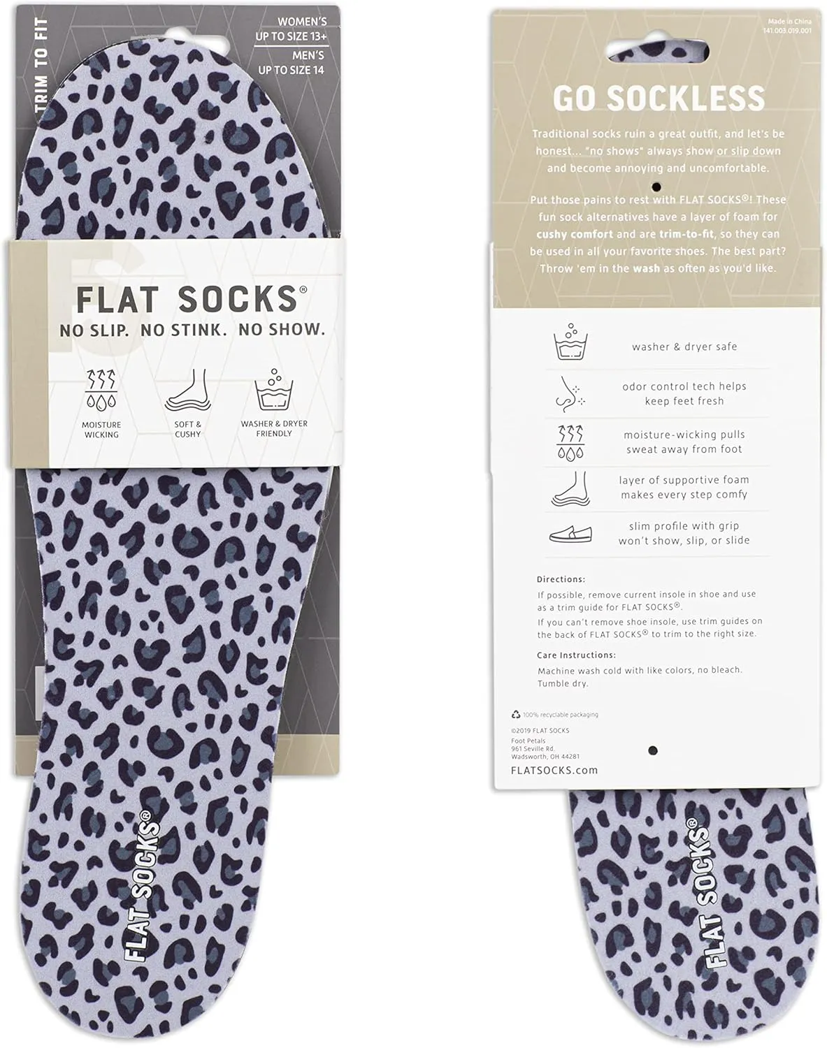 FLAT SOCKS Womens No Show Socks, Sockless Shoe Liner, No Slipping, No Stinking, Washable Barefoot Shoe Insert, Animal Print