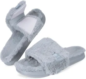 Fuzzy Slippers for Women Adjustable Orthotic Slides Slippers with Arch Support Plantar Fasciitis Open Toe Warm Cozy Plush House Shoes for Indoor Outdoor
