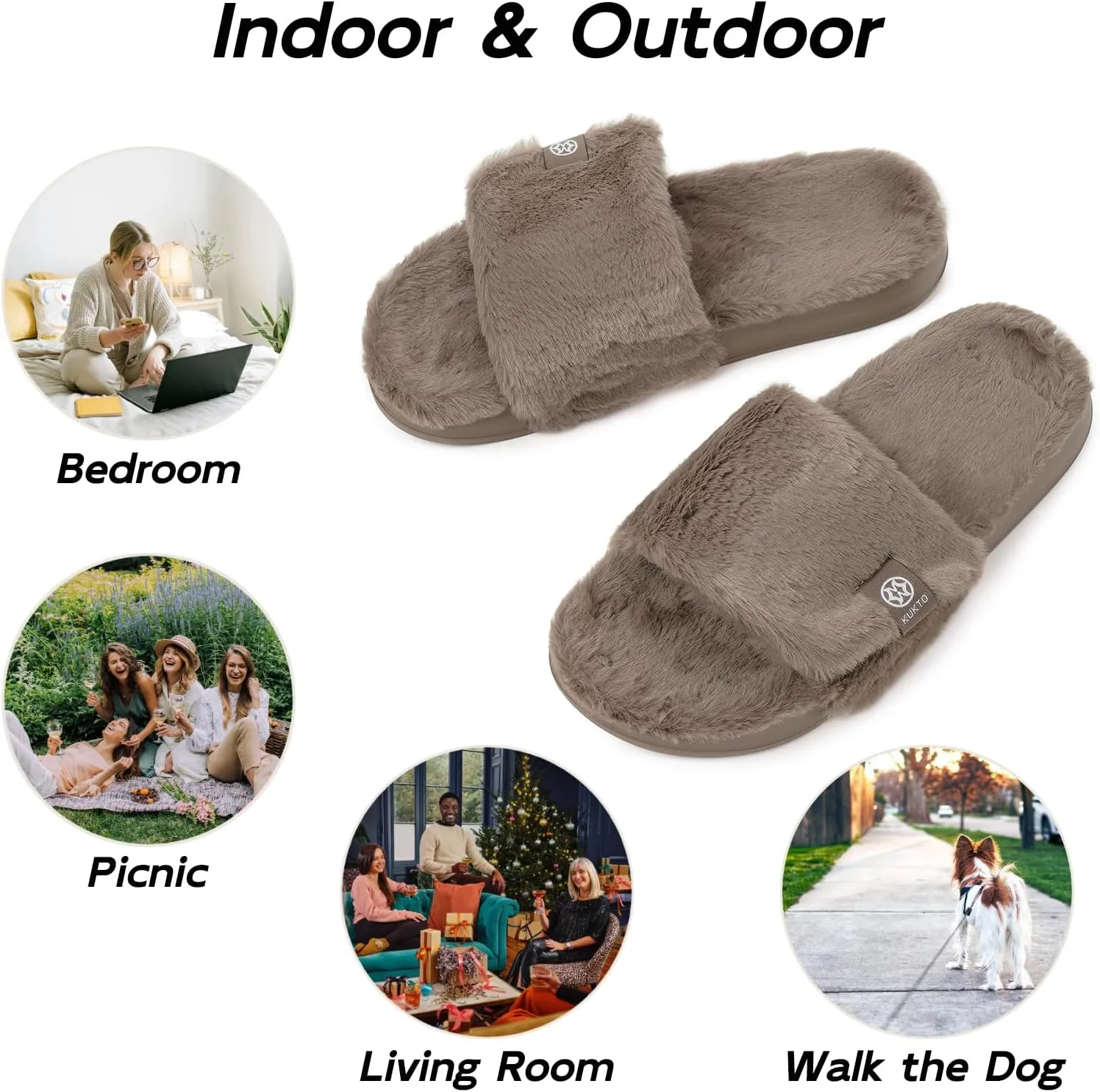 Fuzzy Slippers for Women Adjustable Orthotic Slides Slippers with Arch Support Plantar Fasciitis Open Toe Warm Cozy Plush House Shoes for Indoor Outdoor