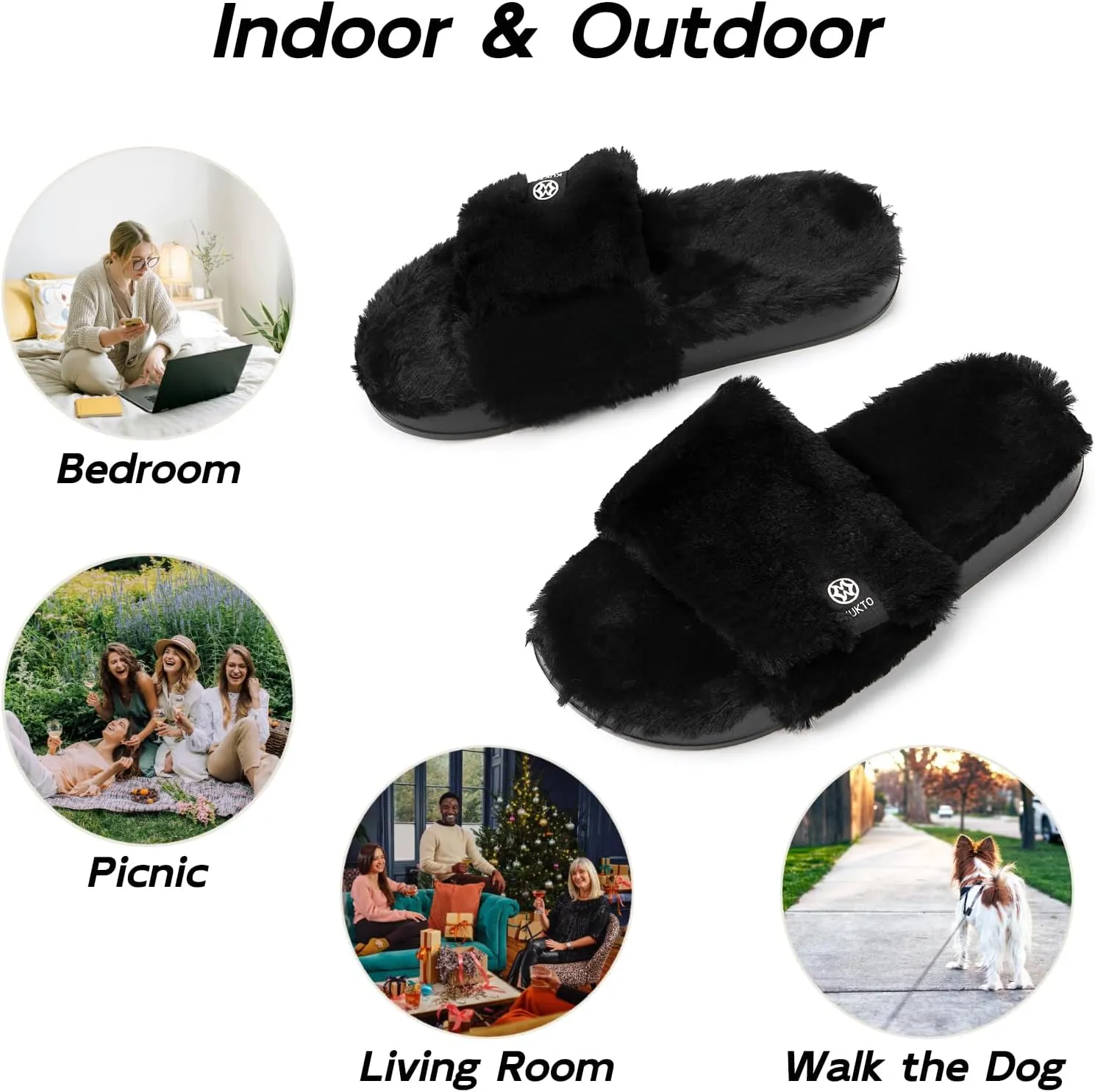Fuzzy Slippers for Women Adjustable Orthotic Slides Slippers with Arch Support Plantar Fasciitis Open Toe Warm Cozy Plush House Shoes for Indoor Outdoor