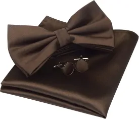 GUSLESON Mens Solid Color Double Fold Pre-tied Bow Tie and Pocket Square Cufflink Set with Gift Box