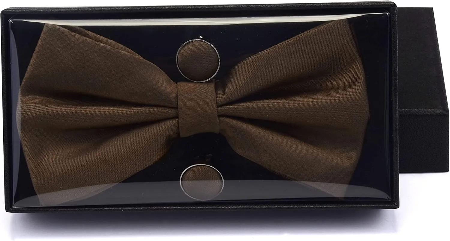 GUSLESON Mens Solid Color Double Fold Pre-tied Bow Tie and Pocket Square Cufflink Set with Gift Box