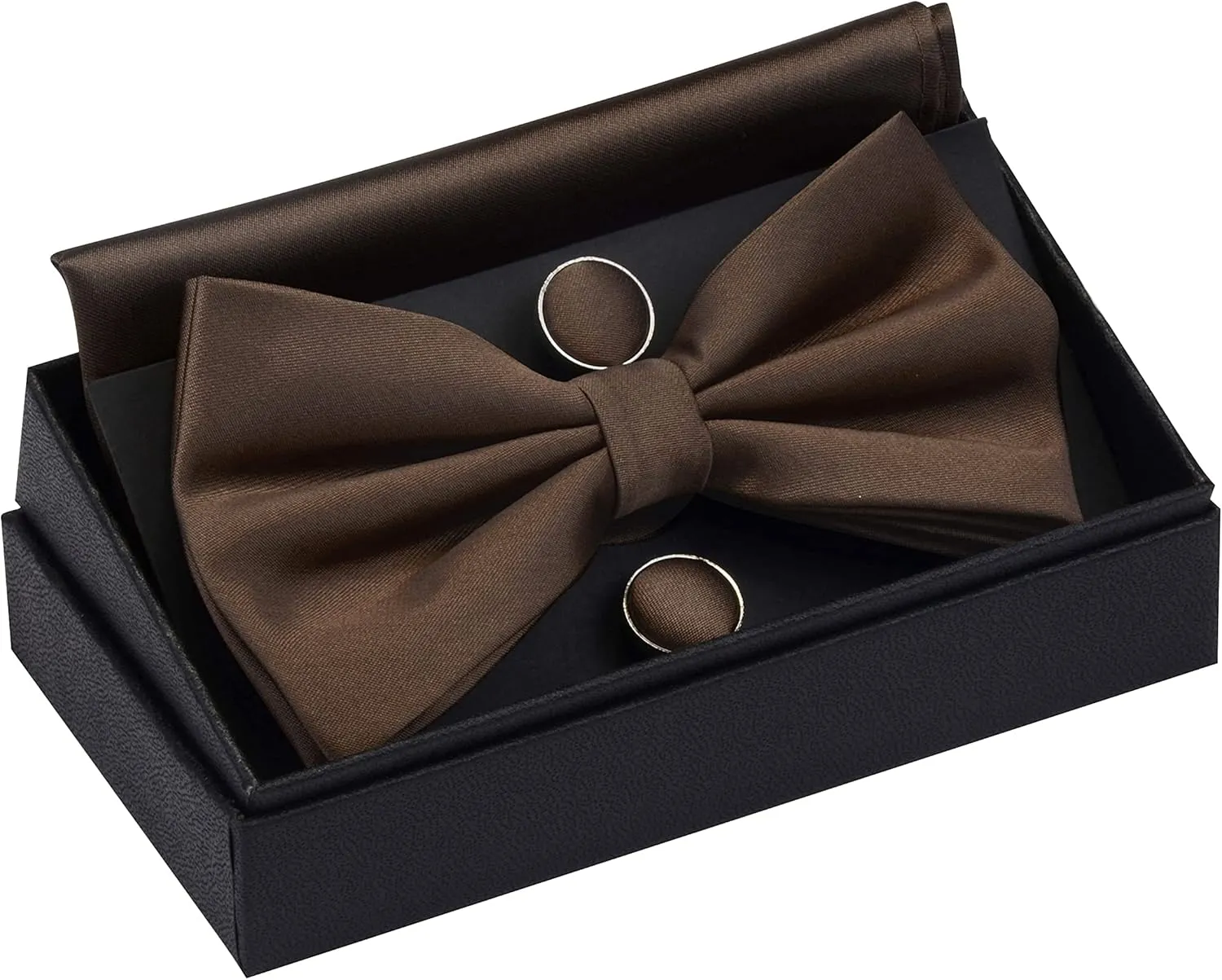 GUSLESON Mens Solid Color Double Fold Pre-tied Bow Tie and Pocket Square Cufflink Set with Gift Box