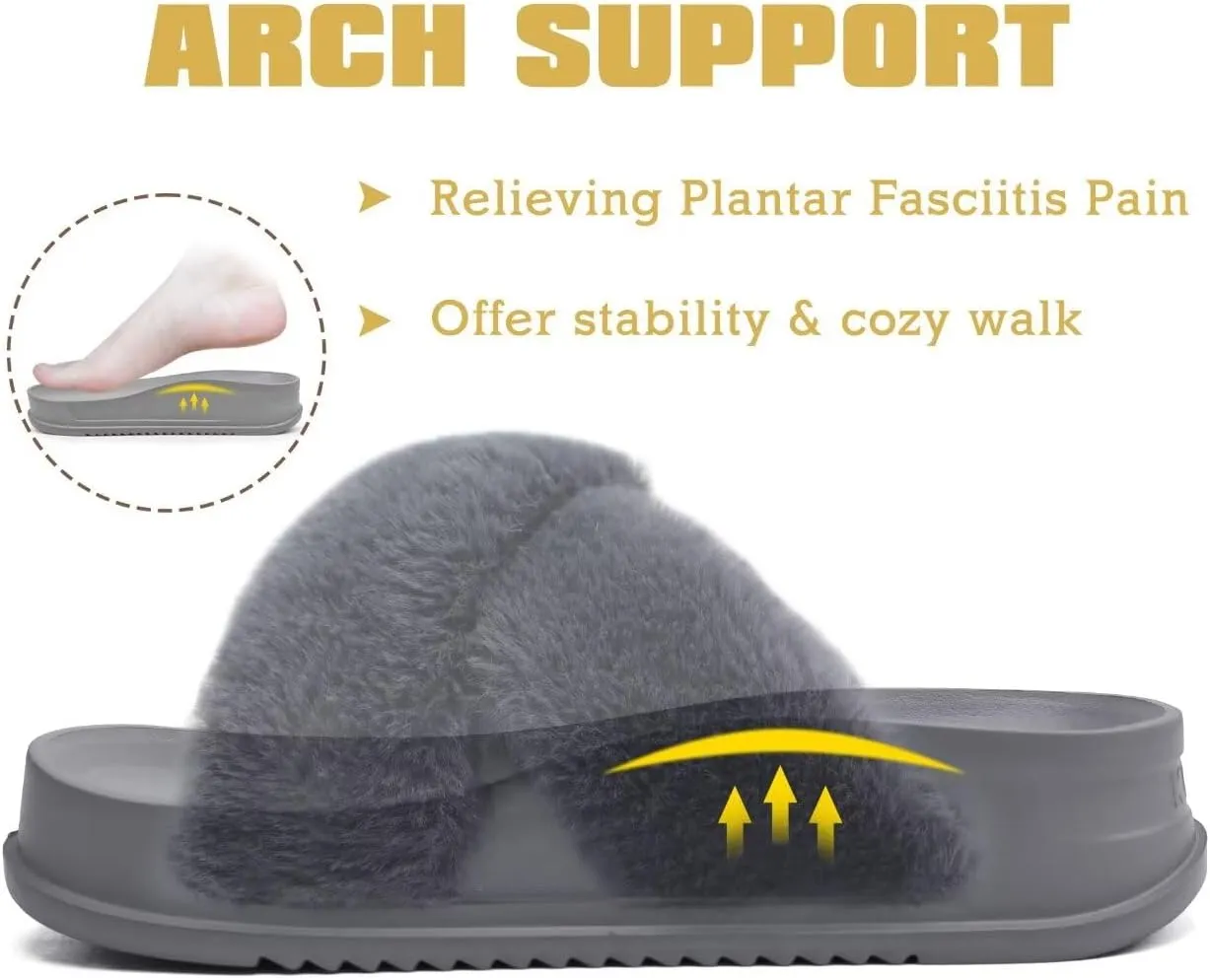 KuaiLu Women's Fuzzy Cross Band Platform Slippers Comfortable Faux Fur Open Toe Arch Support Slides Slippers for Indoor Outdoor