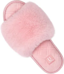 LongBay Women's Fuzzy Faux Fur Memory Foam Cozy Flat Spa Slide Slippers Comfy Open Toe Slip On House Shoes Sandals