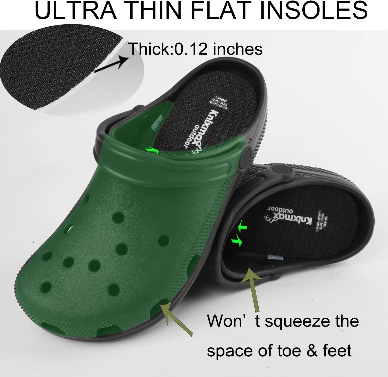 Men's Insoles for Garden Clogs, Ultra-Thin Comfort Shoe Inserts for Crocs, Nurse, Chef, Water Shoes, Waterproof Replacement Barefoot Liners Breathable Pad Black Size 12 /EU45