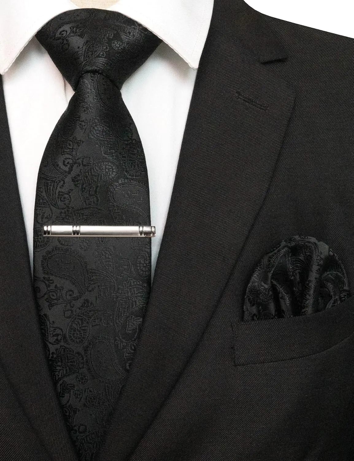 Mens Solid Color Paisley Necktie and Pocket Square with Tie Clip Sets