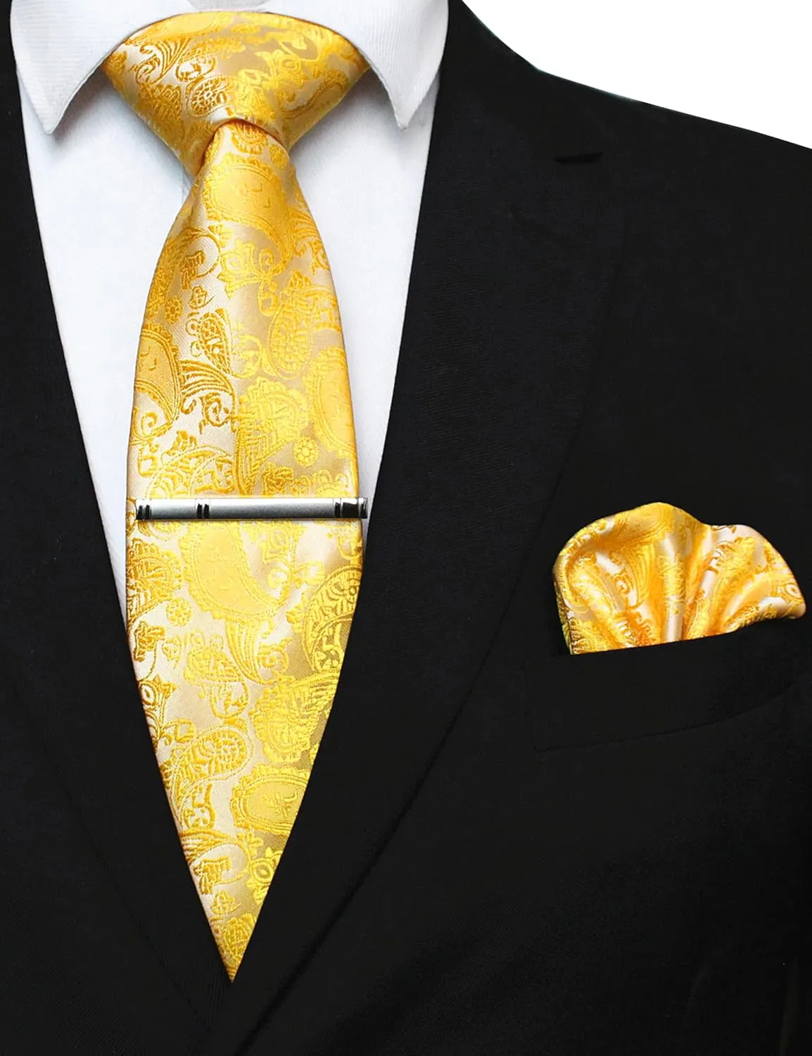 Mens Solid Color Paisley Necktie and Pocket Square with Tie Clip Sets