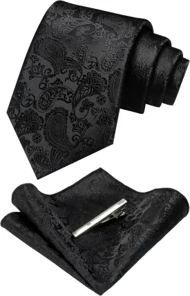 Mens Solid Color Paisley Necktie and Pocket Square with Tie Clip Sets