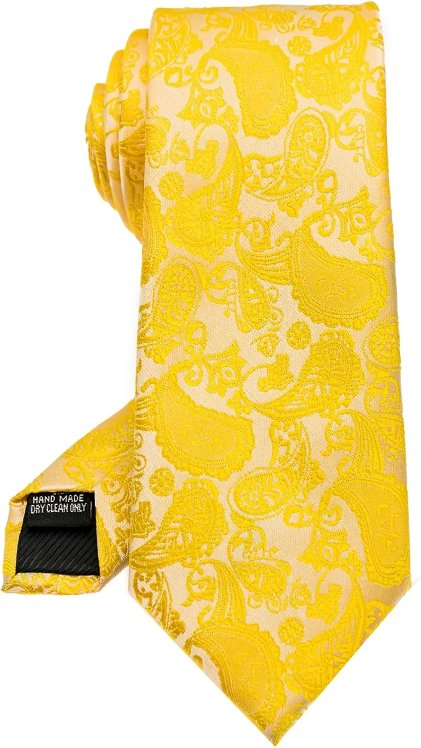 Mens Solid Color Paisley Necktie and Pocket Square with Tie Clip Sets