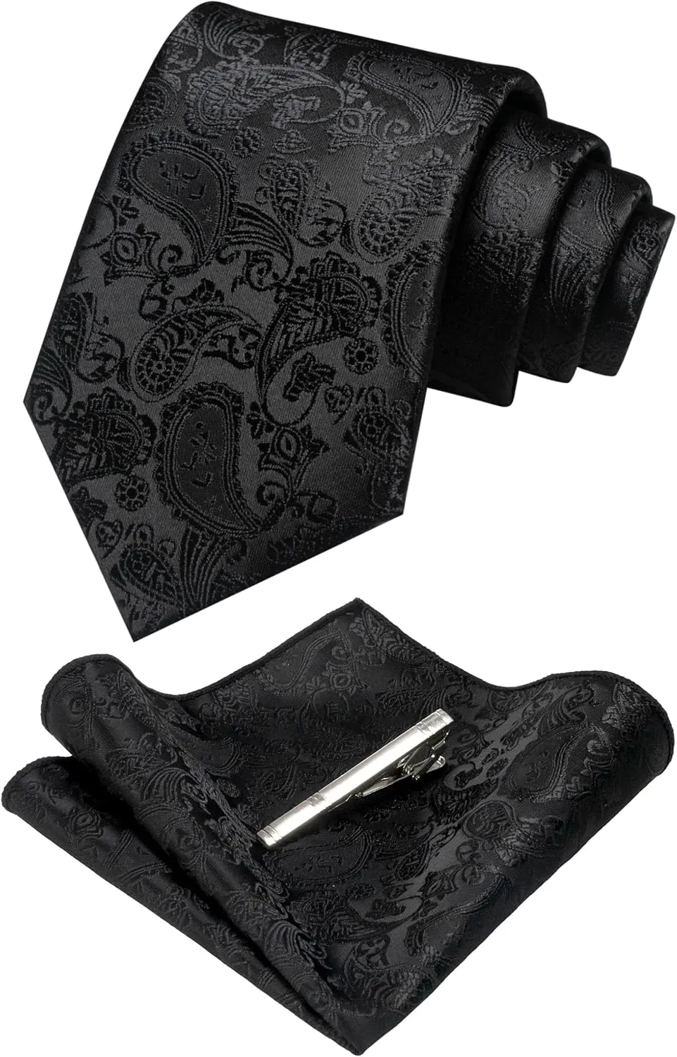 Mens Solid Color Paisley Necktie and Pocket Square with Tie Clip Sets
