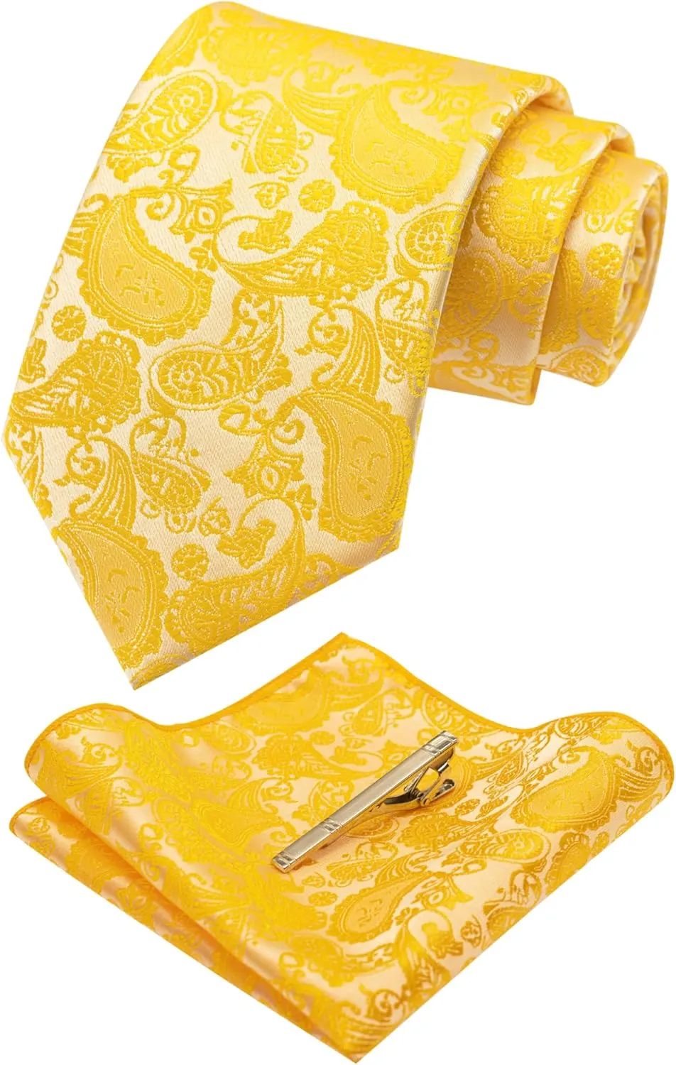 Mens Solid Color Paisley Necktie and Pocket Square with Tie Clip Sets