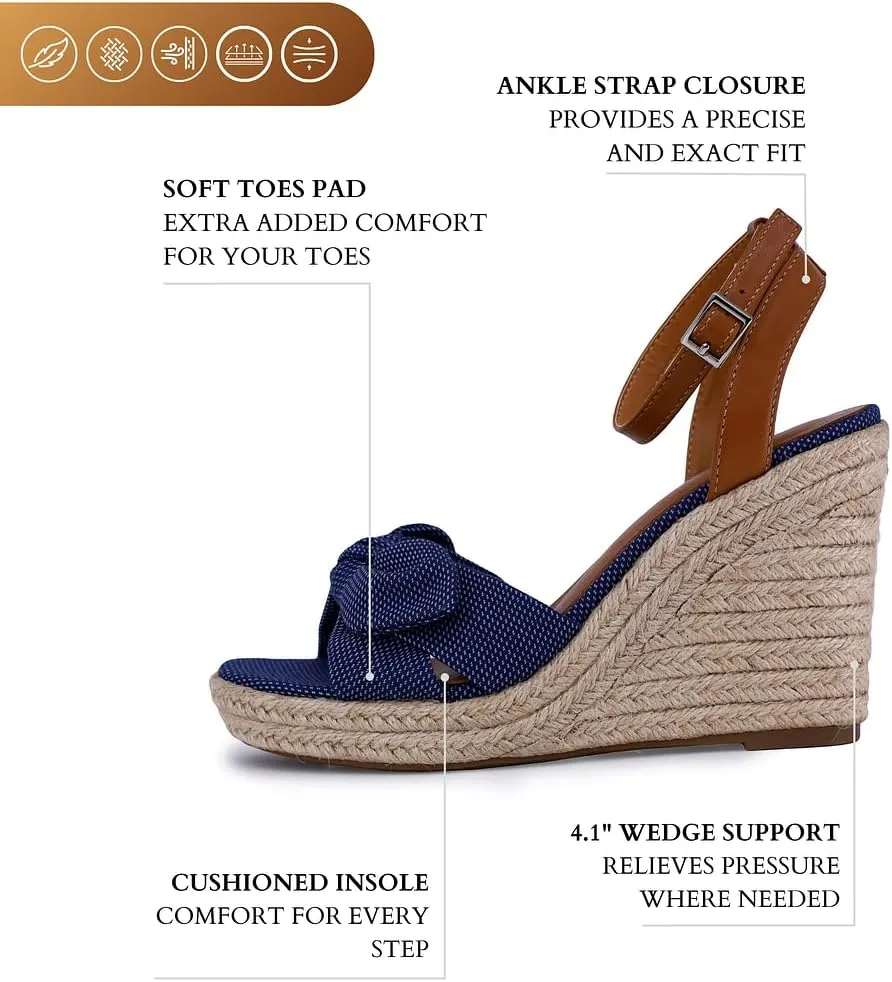 Nautica Women's Espadrille Wedge Sandals  Platform Heel Summer Dress Shoes with Ankle Strap and Bow  Comfortable Open Toe Beach and Casual Footwear