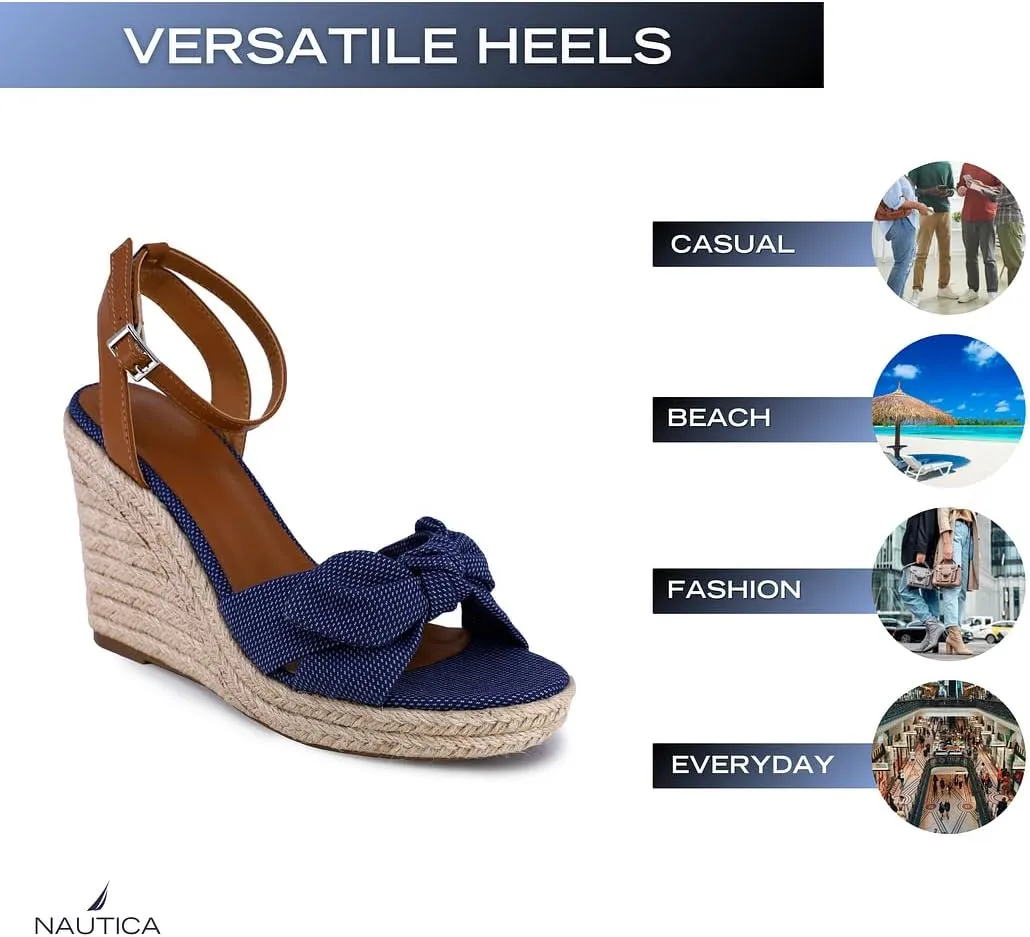 Nautica Women's Espadrille Wedge Sandals  Platform Heel Summer Dress Shoes with Ankle Strap and Bow  Comfortable Open Toe Beach and Casual Footwear