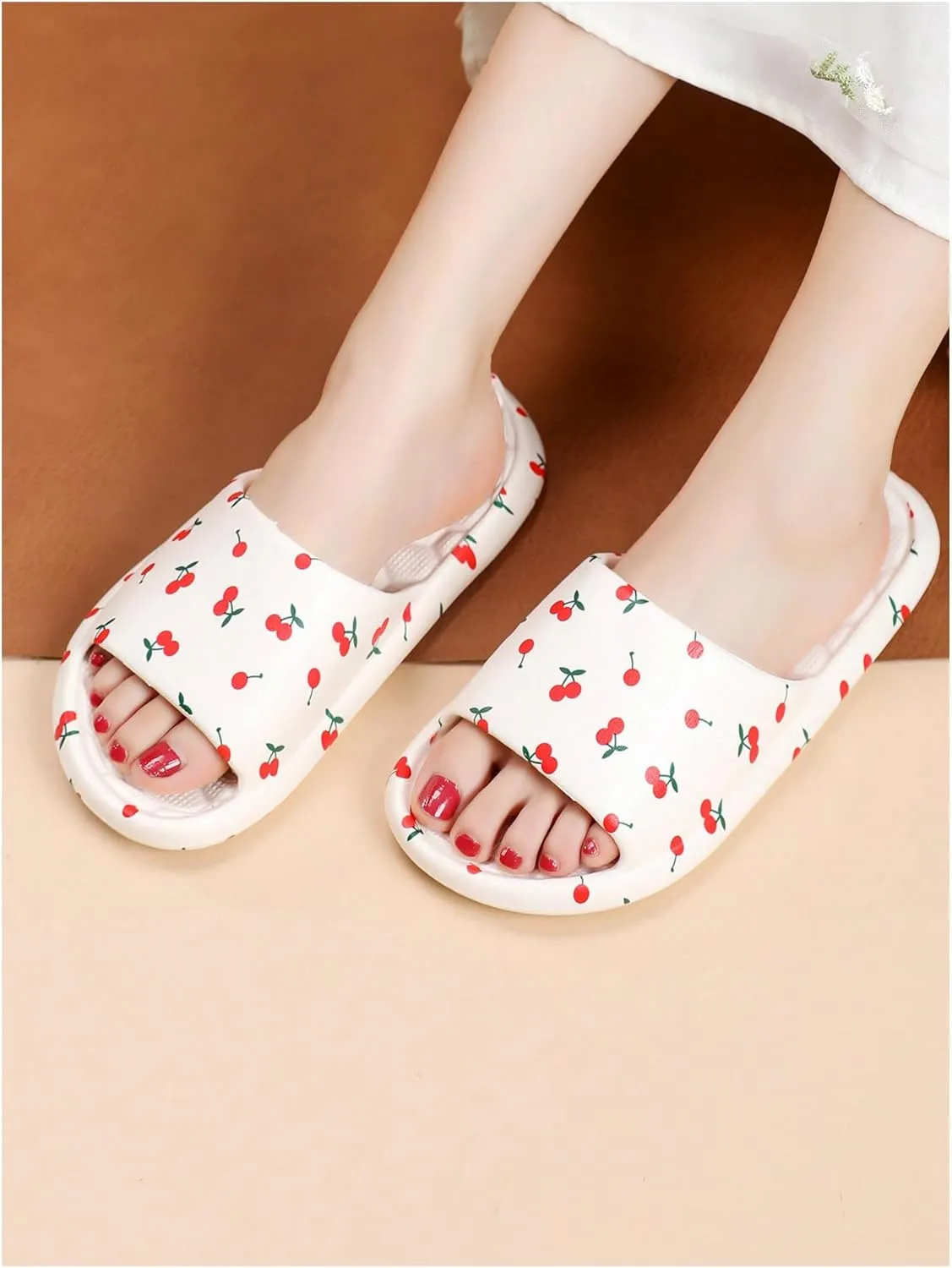 SHENHE Women's Cherry Print EVA Slippers Non Slip Open Toe Bedroom Beach Slide Slippers
