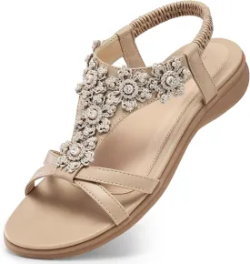 TEMOFON Sandals for Women Flat Dressy: Summer Flower Sandals with Ankle Strap Comfortable Casual Walking Flat Sandals Size 5-11