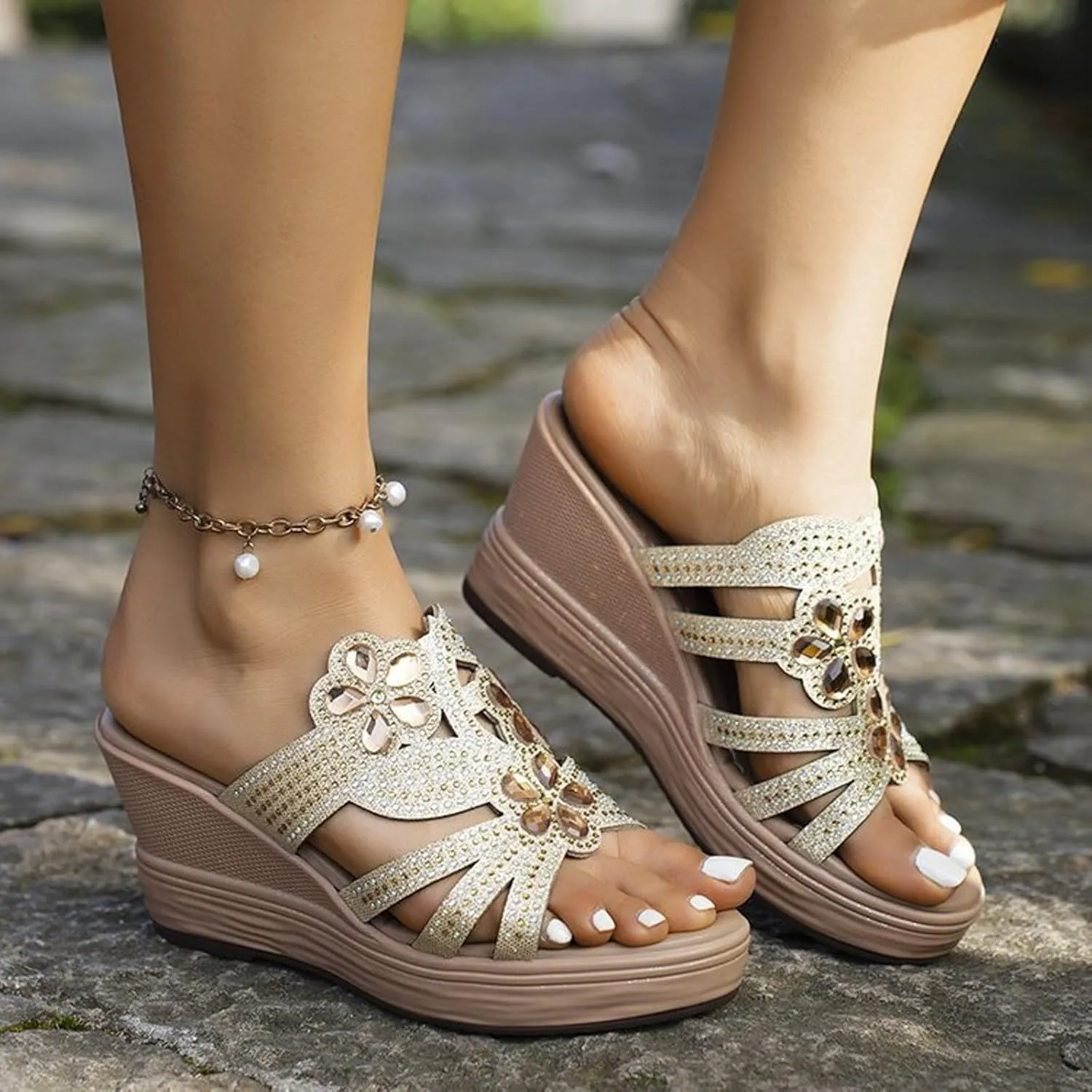Wedge Sandals for Women Comfortable Open Toe High Heel Wedges Slides Rhinestone Platform Shoes Dressy Summer Sandal
