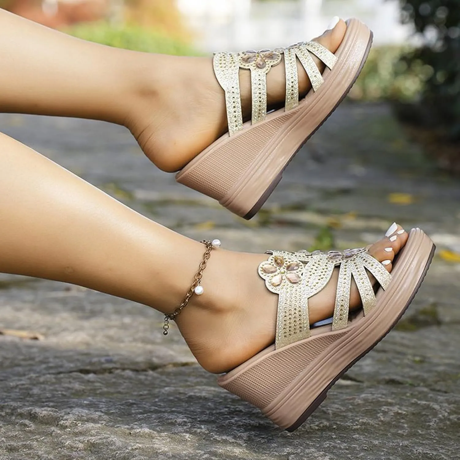 Wedge Sandals for Women Comfortable Open Toe High Heel Wedges Slides Rhinestone Platform Shoes Dressy Summer Sandal