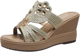 Wedge Sandals for Women Comfortable Open Toe High Heel Wedges Slides Rhinestone Platform Shoes Dressy Summer Sandal