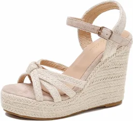Wedge Sandals for Women with Woven Raffia Upper, High Heel Espadrille Platform Sandals with Braided Knot Ankle Strap Sandals