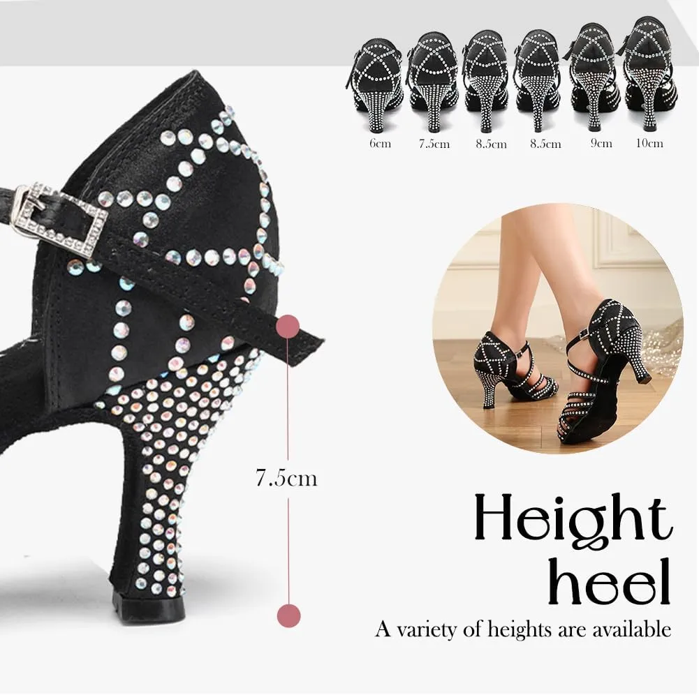 Women's Latin Dance Shoes Rhinestones Professional Ballroom Salsa Dance Shoes Suede Sole