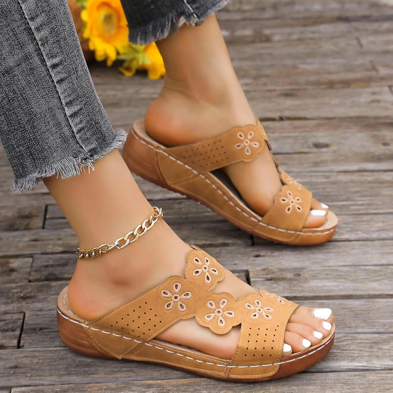 Womens Wedge Sandals Open Toe Comfortable Walking Platform Slides Orthopedic Sandal Casual Slip on Summer Shoes