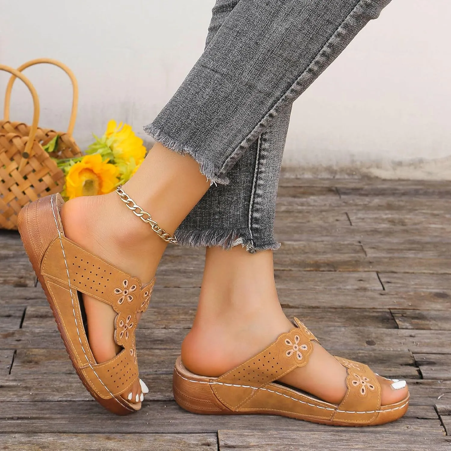 Womens Wedge Sandals Open Toe Comfortable Walking Platform Slides Orthopedic Sandal Casual Slip on Summer Shoes