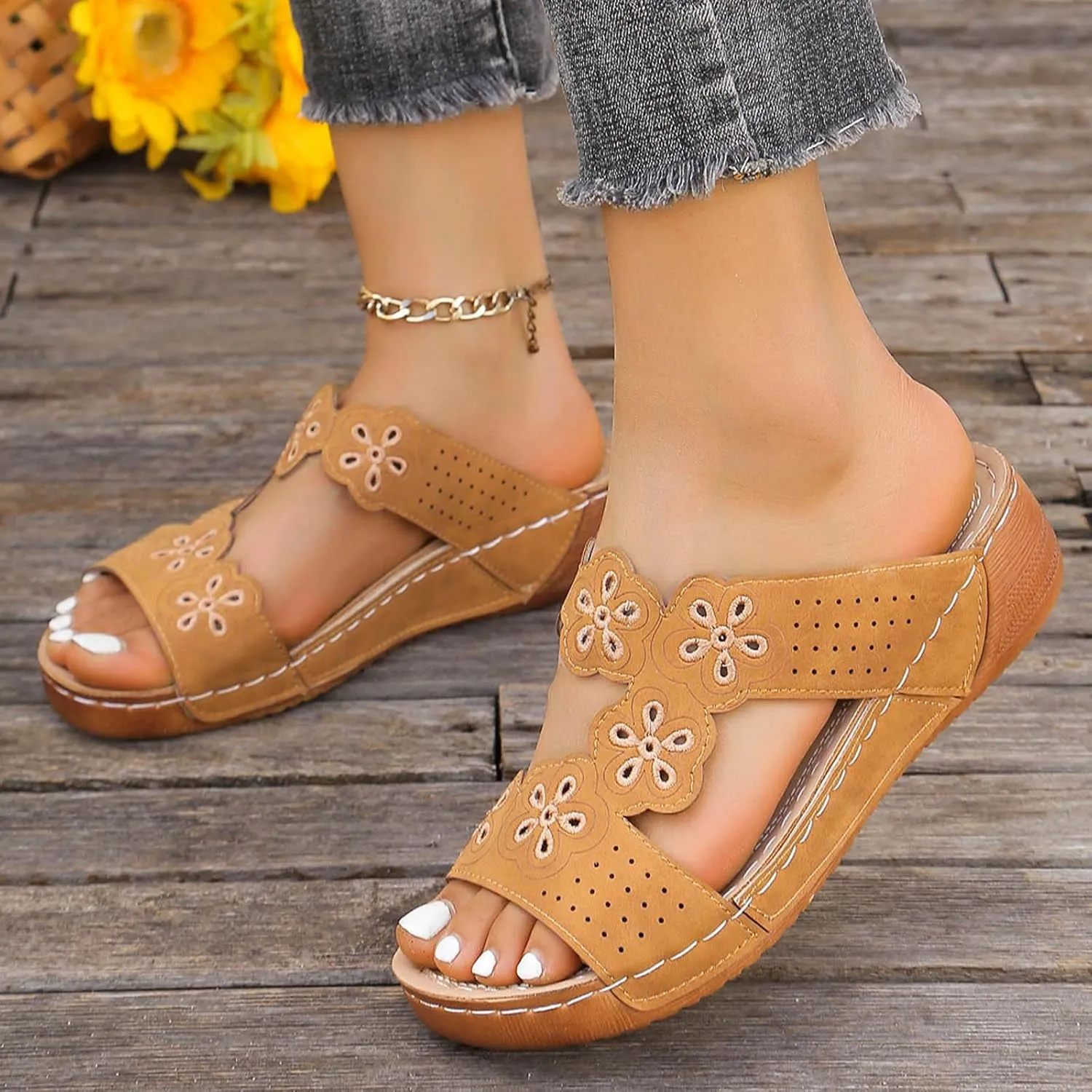 Womens Wedge Sandals Open Toe Comfortable Walking Platform Slides Orthopedic Sandal Casual Slip on Summer Shoes